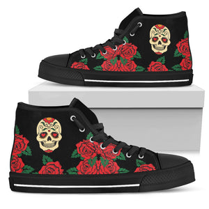 Skull And Roses Streetwear, Hippie, Spiritual, Multi Colored, High Tops Sneaker, Canvas Shoes, High Quality,Handmade Crafted