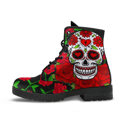 Image of Black Sugar Skulls Red Roses Women's Vegan Leather Boots, Handcrafted, Retro