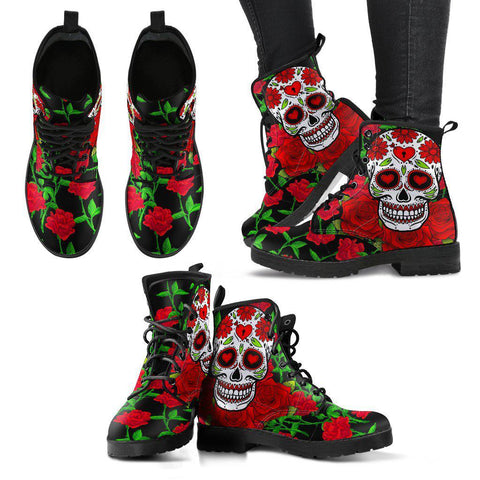 Image of Black Sugar Skulls Red Roses Women's Vegan Leather Boots, Handcrafted, Retro