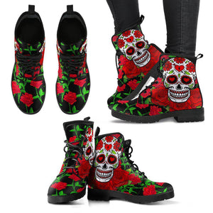 Black Sugar Skulls Red Roses Women's Vegan Leather Boots, Handcrafted, Retro