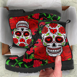 Black Sugar Skulls Red Roses Women's Vegan Leather Boots, Handcrafted, Retro