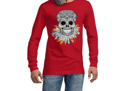 Skull Feathers Multicolored Unisex Long Sleeve Tee, Super Soft & Comfy Long