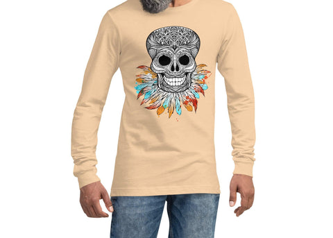 Image of Skull Feathers Multicolored Unisex Long Sleeve Tee, Super Soft & Comfy Long