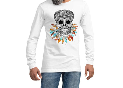 Skull Feathers Multicolored Unisex Long Sleeve Tee, Super Soft & Comfy Long