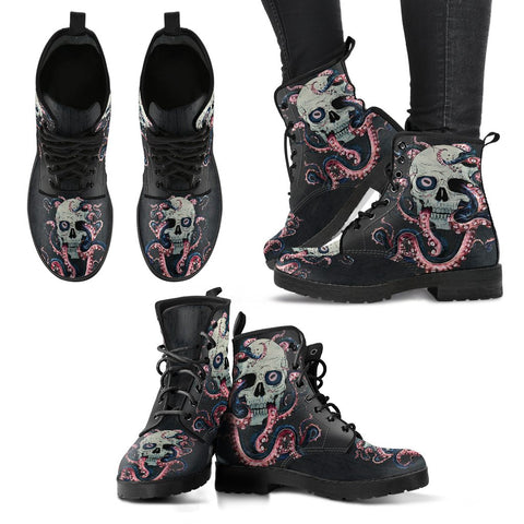 Image of Skull with Octopus Tentacles Boho Chic Vegan Leather Boots for Women,