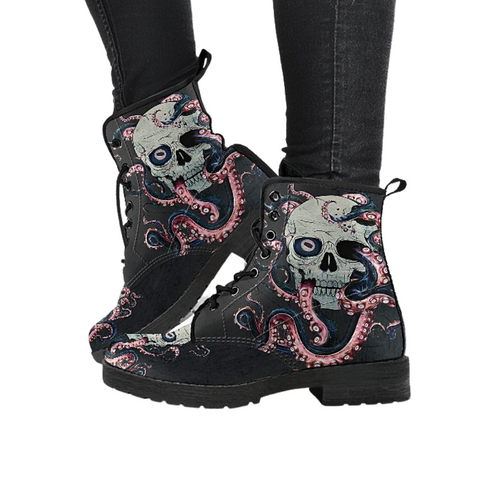 Image of Skull with Octopus Tentacles Boho Chic Vegan Leather Boots for Women,