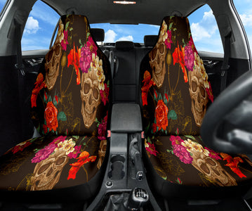 Skull Flowers Car Seat Covers, Edgy Front Seat Protectors, 2pc Auto Accessories,