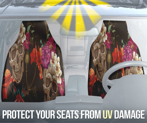 Image of Skull Flowers Car Seat Covers, Edgy Front Seat Protectors, 2pc Auto Accessories,