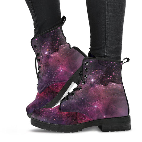 Image of Moon and Stars Galaxy, Vegan Leather Women's Boots, Lace-Up Boho Hippie Style, Mandala Ankle Design