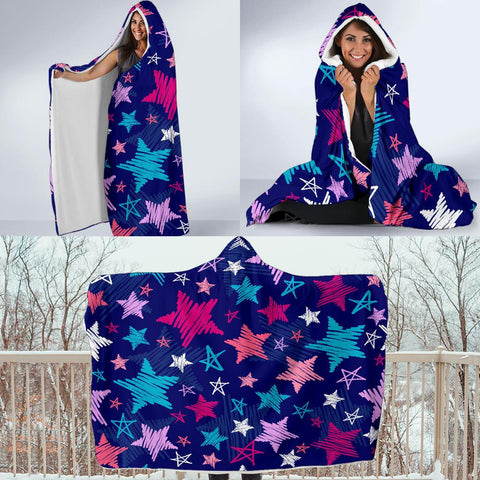 Image of Stars Hooded blanket,Blanket with Hood,Soft Blanket,Hippie Hooded Blanket,Sherpa Blanket,Bright Colorful, Colorful Throw,Vibrant Pattern