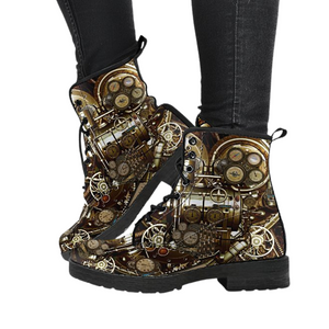 Steampunk Mechanical, Women's Leather Boots, Vegan Ankle Boots, Lace Up