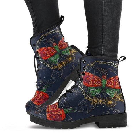 Image of Women's Red Butterflies Floral Vegan Leather Boots , Handcrafted, Leather Ankle,