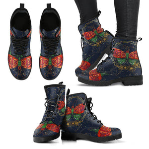Women's Red Butterflies Floral Vegan Leather Boots , Handcrafted, Leather Ankle,