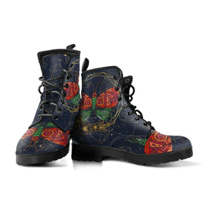 Women's Red Butterflies Floral Vegan Leather Boots , Handcrafted, Leather Ankle,