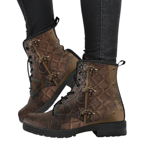 Image of Steampunk Rustic Brown, Women's Vegan Leather Ankle Boots, Lace,up Fashion