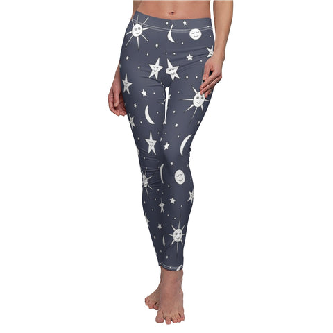 Image of Stone Gray Multicolored Star Moon Sun Women's Cut & Sew Casual Leggings, Yoga