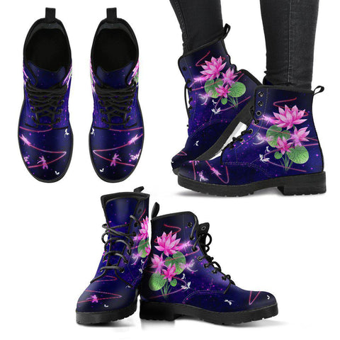 Image of Women's Vegan Leather Boots, Colorful Floral Pink Flowers, Handmade Hippie Spiritual Rain Footwear, Stylish Streetwear Fashion