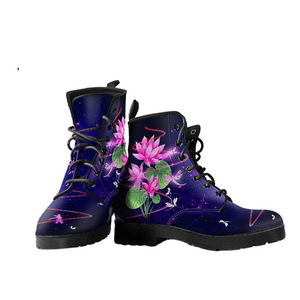Women's Vegan Leather Boots, Colorful Floral Pink Flowers, Handmade Hippie Spiritual Rain Footwear, Stylish Streetwear Fashion