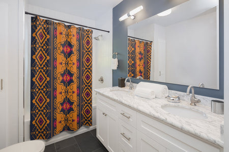 Stripe Tribal Multicolored Ethnic Orange Navy Shower Curtains, Water Proof Bath
