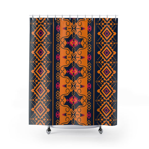Image of Stripe Tribal Multicolored Ethnic Orange Navy Shower Curtains, Water Proof Bath