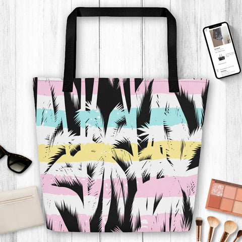 Striped Tropical Palm Tree Multicolored Large Tote Bag, Weekender Tote/ Hospital Bag/ Overnight/ Graphic/ Shopping Bags, Canvas Tote, school