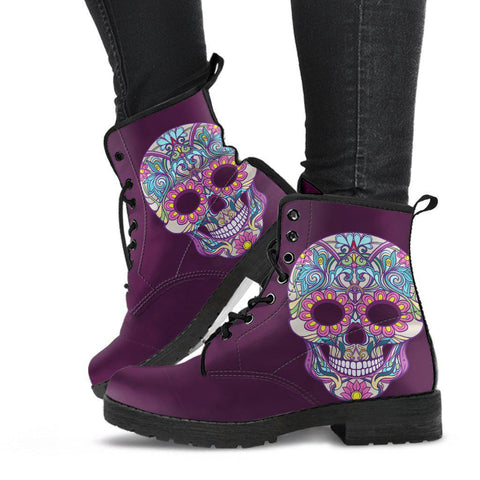 Image of Sugar Skulls Roses Berry Women's Vegan Leather Ankle Boots, , Festival