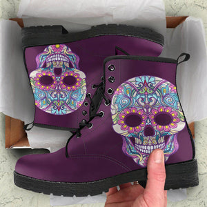 Sugar Skulls Roses Berry Women's Vegan Leather Ankle Boots, , Festival