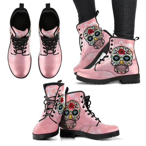 Image of Pink Sugar Skull Floral Women's Vegan Leather Boots, Handcrafted Winter Rainbow