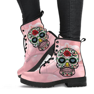 Pink Sugar Skull Floral Women's Vegan Leather Boots, Handcrafted Winter Rainbow