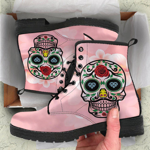 Image of Pink Sugar Skull Floral Women's Vegan Leather Boots, Handcrafted Winter Rainbow
