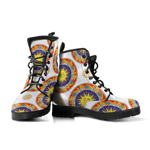 Image of Yellow Sun Mandala Women's Vegan Leather Rain Boots, Handmade Hippie Spiritual Streetwear, Boho Chic, Ethical, Comfortable Footwear