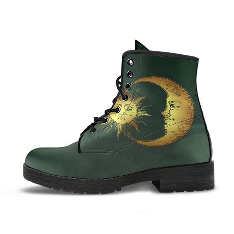Image of Dark Green Sun Moon Women's Vegan Leather Boots, Astrology Astronomy Footwear,