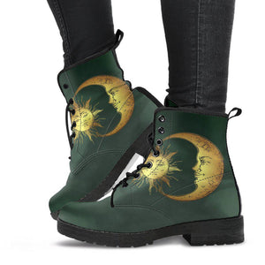 Dark Green Sun Moon Women's Vegan Leather Boots, Astrology Astronomy Footwear,