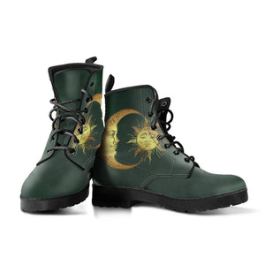 Dark Green Sun Moon Women's Vegan Leather Boots, Astrology Astronomy Footwear,