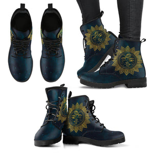 Women's Green Sun Moon Mandala Vegan Leather Boots , Astrology,
