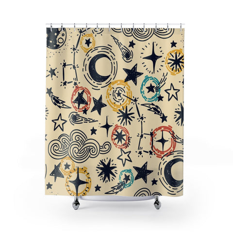 Image of Tan Multicolored Astrological Stars & Moon Shower Curtains, Water Proof Bath