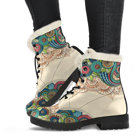 Image of Tan Multicolored Hippie Paisley Ankle Boots,Classic Boot,Lolita Combat Boots,Hand Crafted,Streetwear, Rain Boots,Hippie,Combat Style Boot