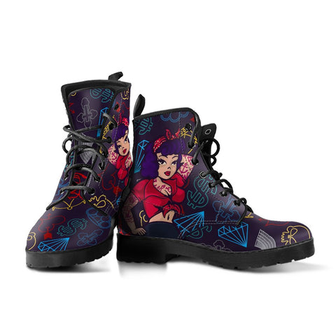 Image of Tattoo Pin Up Women's Vegan Leather Boots, Hippie Streetwear, Classic