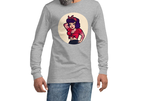 Image of Tattooed Pin Up Multicolored Unisex Long Sleeve Tee, Super Soft & Comfy Long
