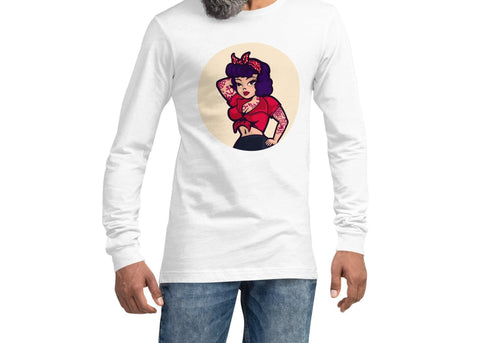Image of Tattooed Pin Up Multicolored Unisex Long Sleeve Tee, Super Soft & Comfy Long