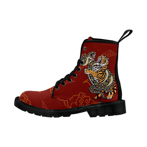 Image of Tiger Versus Snake Burgundy Womens Boots, Combat Style Boots, Custom Boots,Boho Chic Boots
