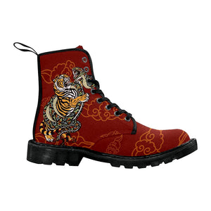 Tiger Versus Snake Burgundy Womens Boots, Combat Style Boots, Custom Boots,Boho Chic Boots