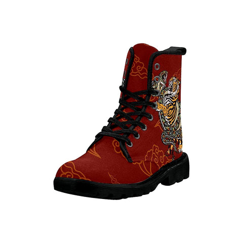 Image of Tiger Versus Snake Burgundy Womens Boots, Combat Style Boots, Custom Boots,Boho Chic Boots
