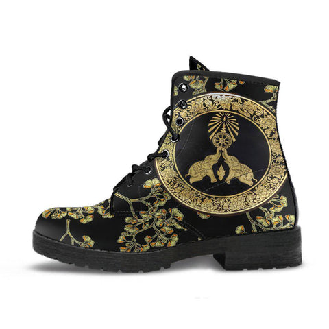 Image of Gold Elephant Floral Women's Vegan Boots, Traditional Flower Design,