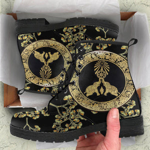 Gold Elephant Floral Women's Vegan Boots, Traditional Flower Design,