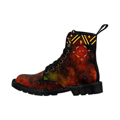 Image of Tribal Sun Red And Yellow Womens Lolita Combat Boots,Hand Crafted,Multi Colored