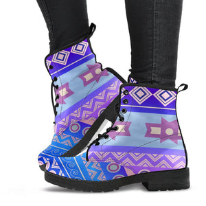 Purple Blue Boho Abstract Women's Vegan Leather Boots, Handcrafted Winter Rainbow Shoes