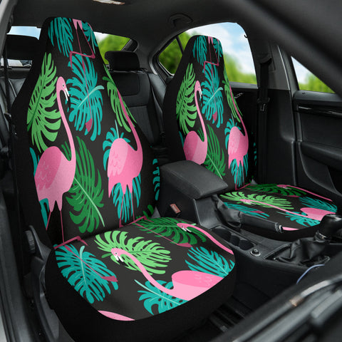 Image of Green Leaf Flamingo Tropical Car Seat Covers, Vibrant Front Seat Protectors,