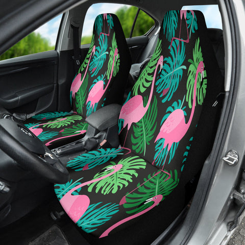 Image of Green Leaf Flamingo Tropical Car Seat Covers, Vibrant Front Seat Protectors,