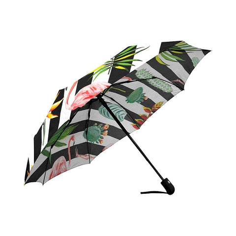 Image of Tropical Green Leaves Flowers Cactus and Flamingo Auto-Foldable Umbrella (Model U04)
